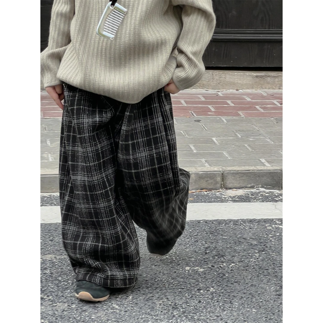 2024年冬季儿童复古格子裤阔腿加绒加厚宽松毛呢女童加厚男童