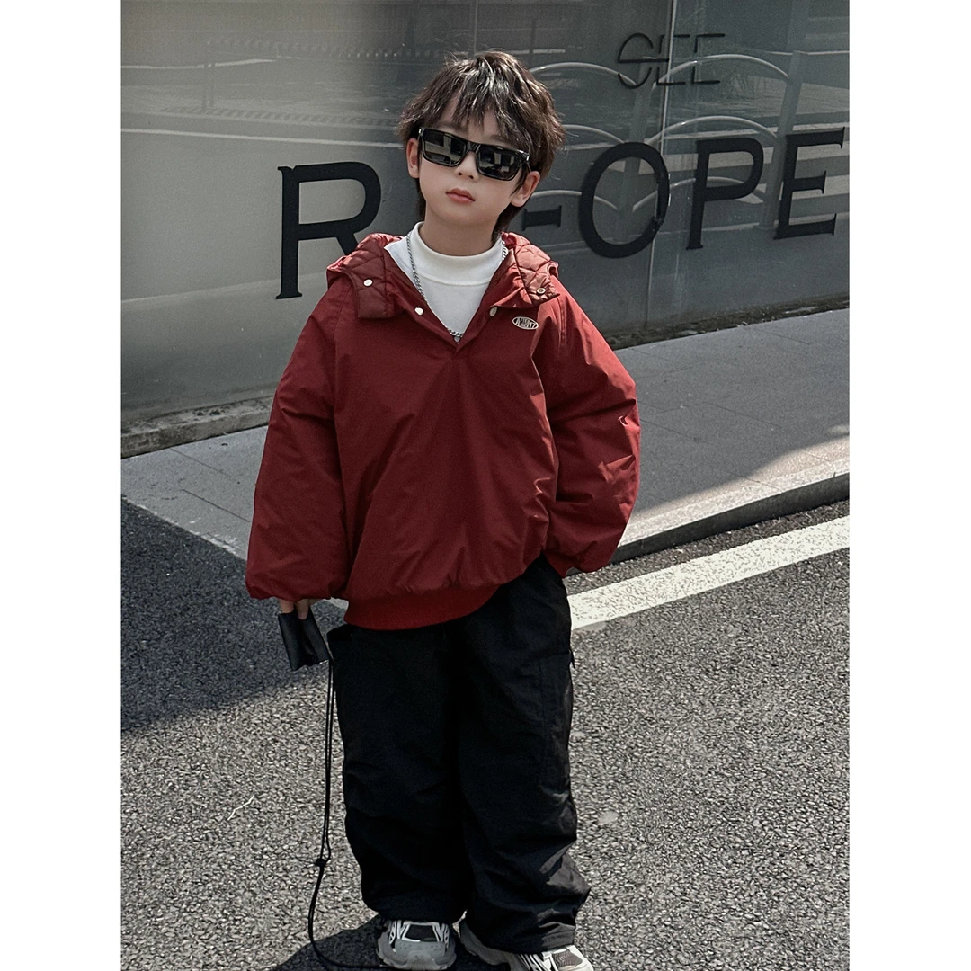 2024冬季新款男童连帽套头棉衣帽衫外套卫衣棉服洋气宽松上衣潮xe