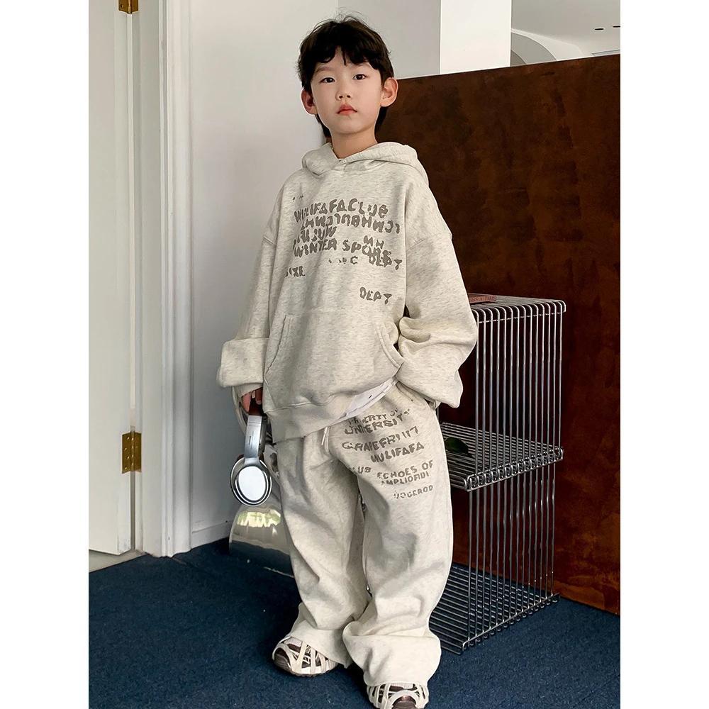 男童卫衣套装2024冬季新款儿童韩版字母加绒上衣加厚裤子两件套潮