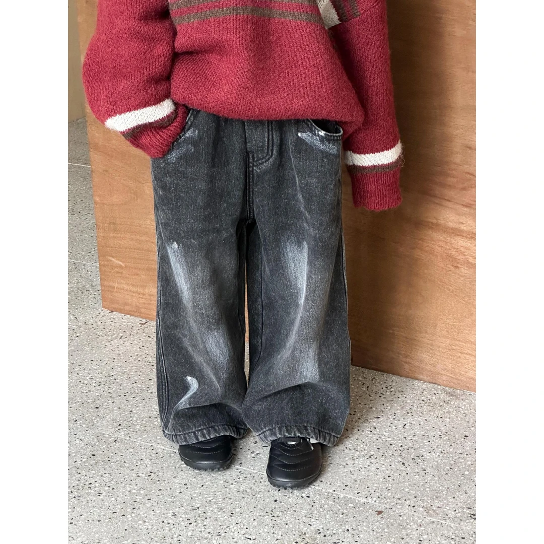 2024年冬季新款儿童加绒牛仔裤男童中小童韩版百搭长裤阔腿直筒