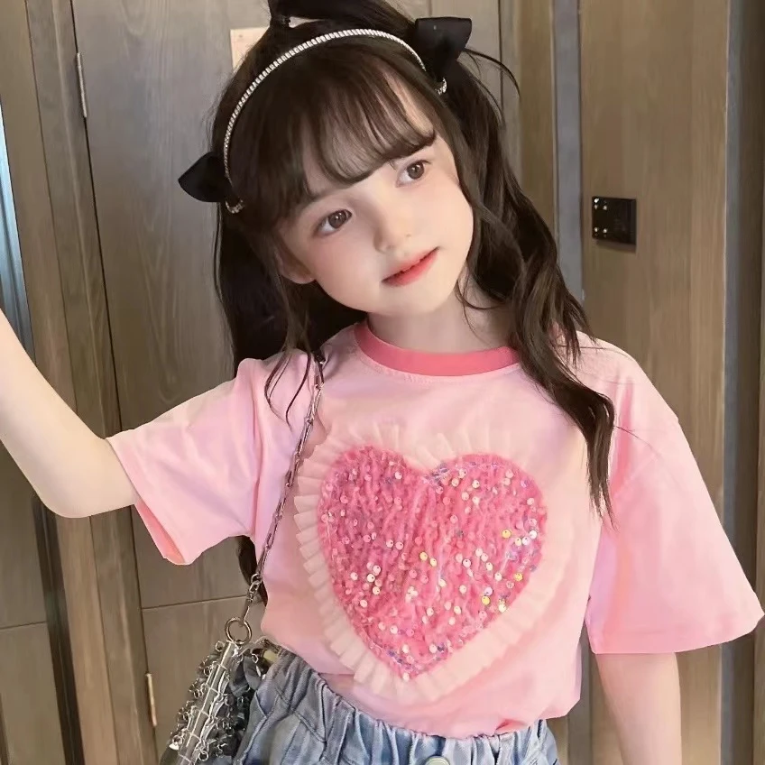 【热推爆款】女童新款纯棉夏季短袖女孩爱心亮片洋气女宝宝上衣