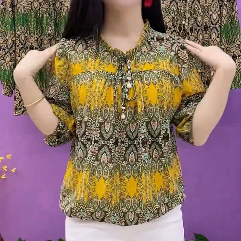 中年妈妈装七分袖上衣女夏装新款2025年时尚宽松大码百搭漂亮女