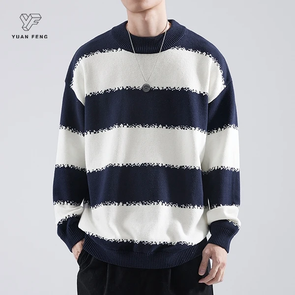 2024新款条纹毛衣男潮牌冬季宽松慵懒风潮牌情侣圆领长袖针织衫