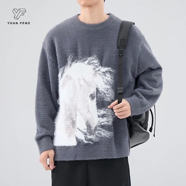 仿羊绒提花套头毛衣男女同款2024年冬季潮牌痞帅慵懒风情侣针织衫