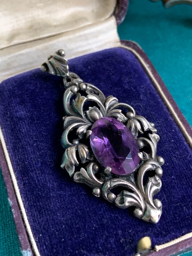 吊坠800银 欧洲回流古董老银紫水晶吊坠