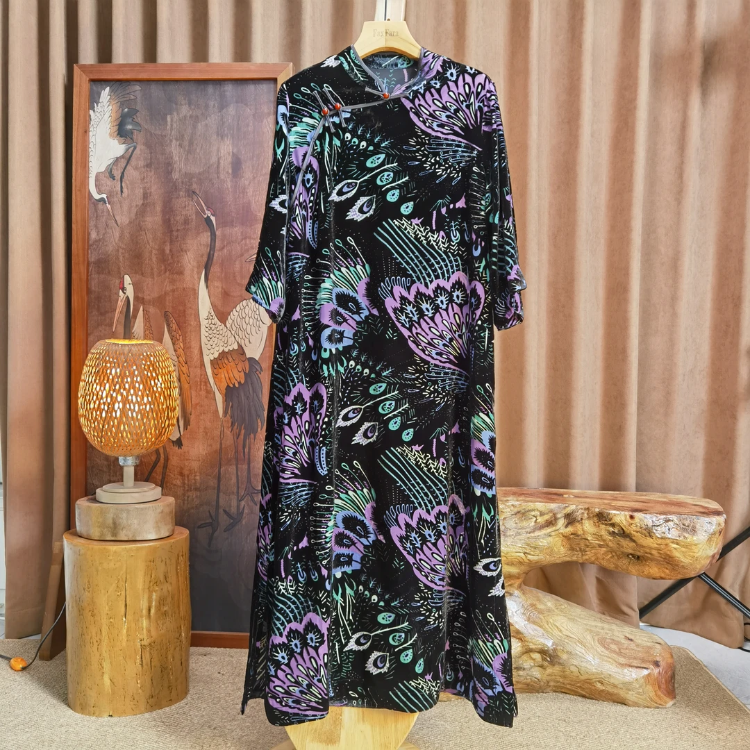 富美国风原创桑蚕丝连衣裙F3376孔雀