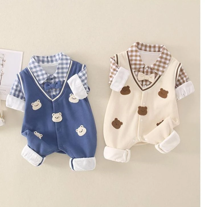 婴幼儿春秋连体衣网红外出服双层男宝宝周岁洋气卡通绅士哈衣爬服