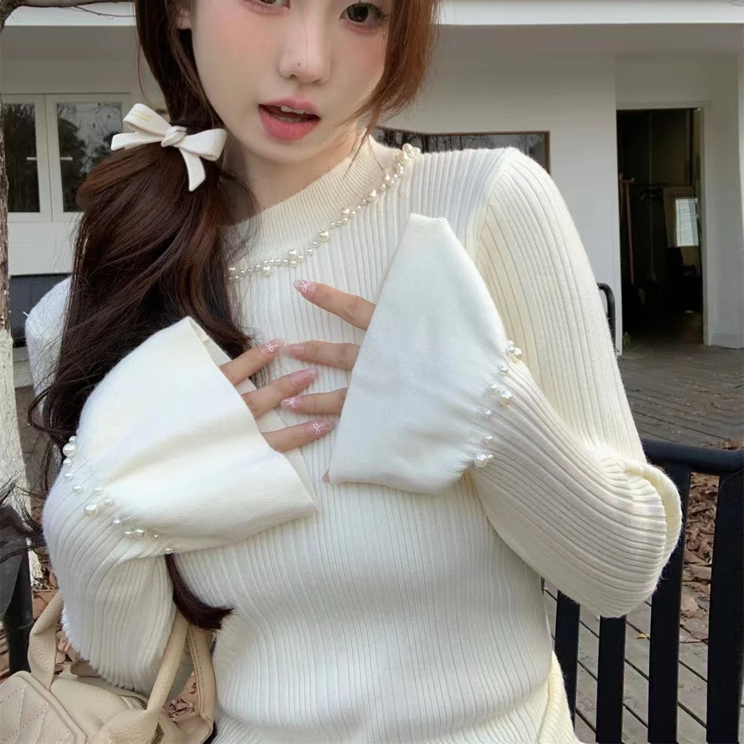 【浠儿姐姐专属】绝美钉珠法式喇叭袖针织衫内搭修身毛衣