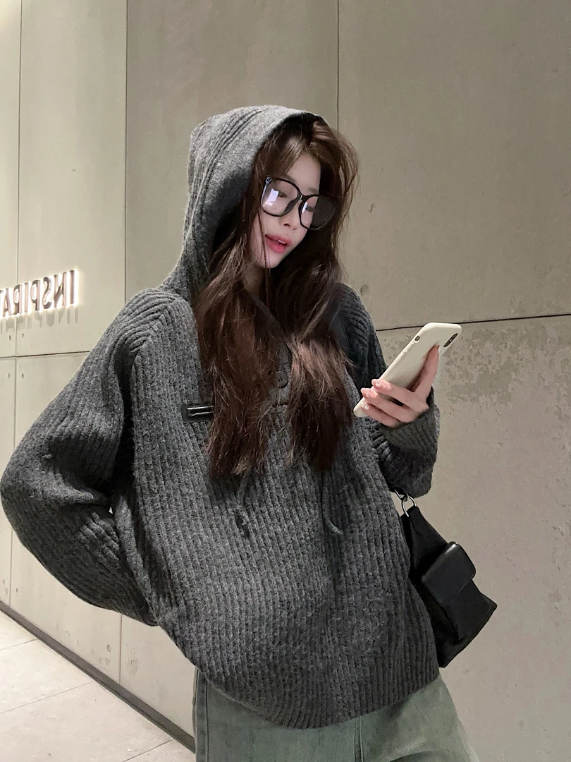【浠儿姐姐专属】灰色竖坑条连帽毛衣外套秋冬慵懒高级感上衣针织衫
