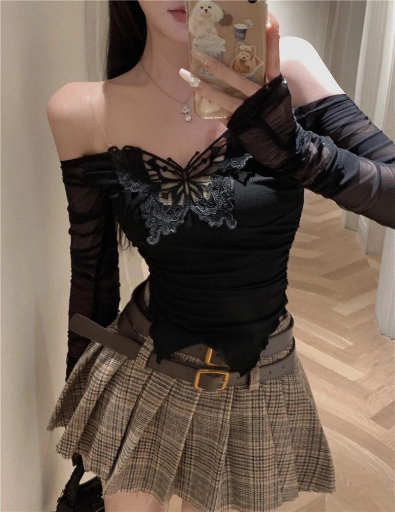 【浠儿专属】小众设计一字肩上衣女性感抹胸早秋长袖t恤