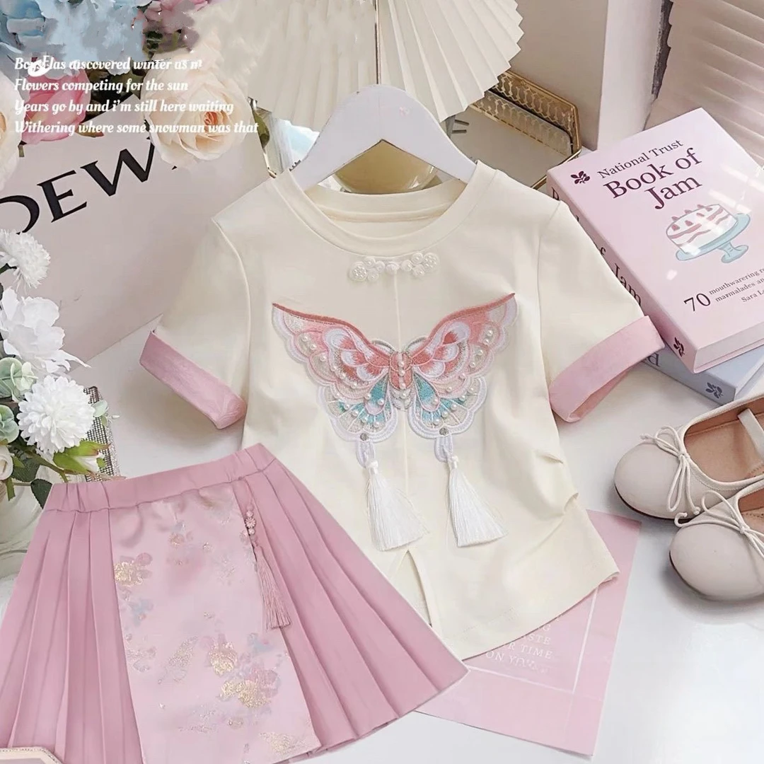 女童夏季套装裙子2024夏装新款儿童中国风蝴蝶短袖上衣裙裤两件套