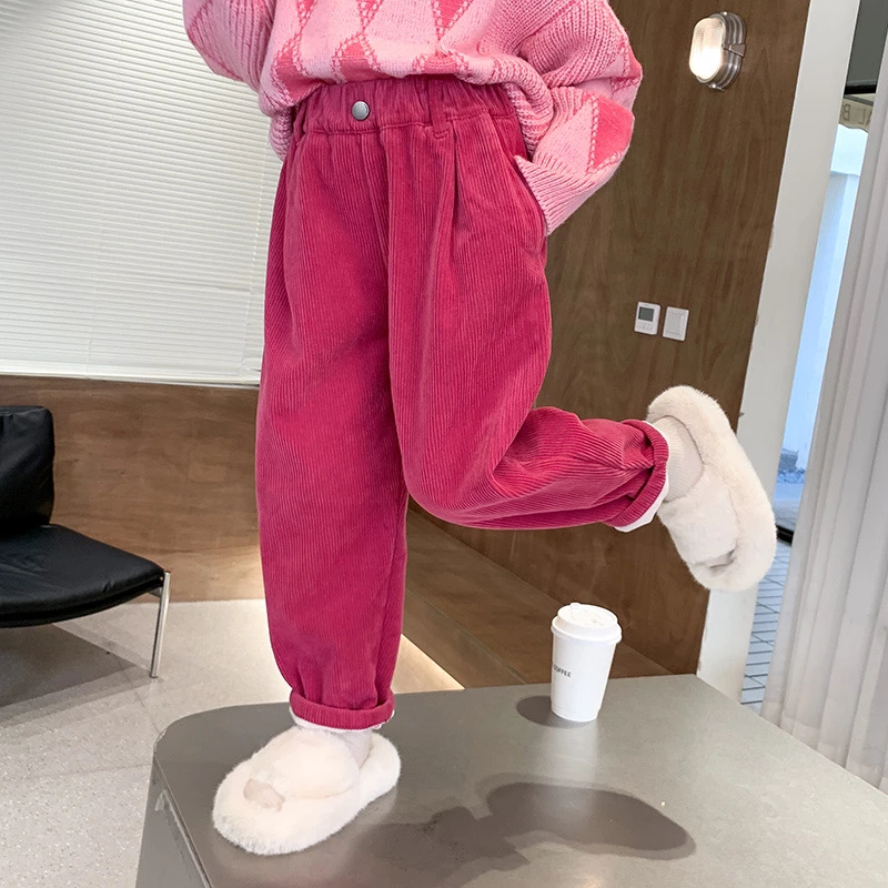 女童加绒裤子秋冬款2024新款洋气儿童冬装灯芯绒休闲裤加厚条绒裤