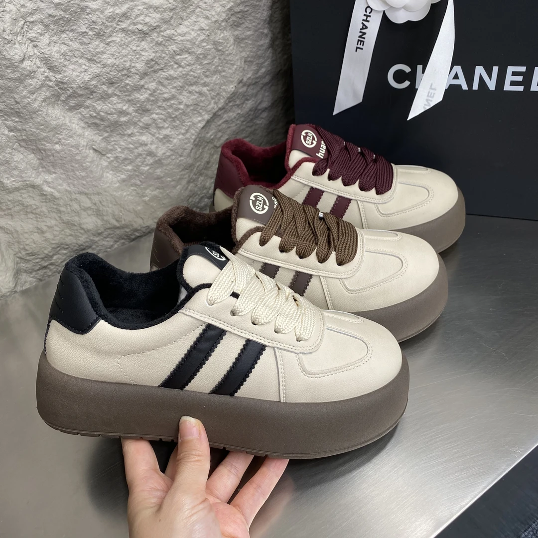 【有单有棉】皮面德训鞋2024秋冬保暖加绒复古舒适百搭休闲厚底女鞋