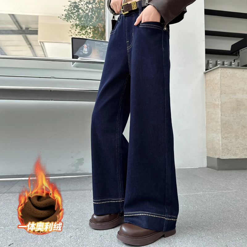 女童牛仔裤加绒加厚2024冬装新款中大童宽松直筒一体绒休闲裤子潮