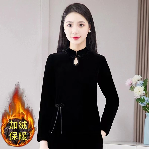 冬加绒加厚盘口水滴领长袖打底衫国风时尚妈妈裙显瘦黑色半身裙