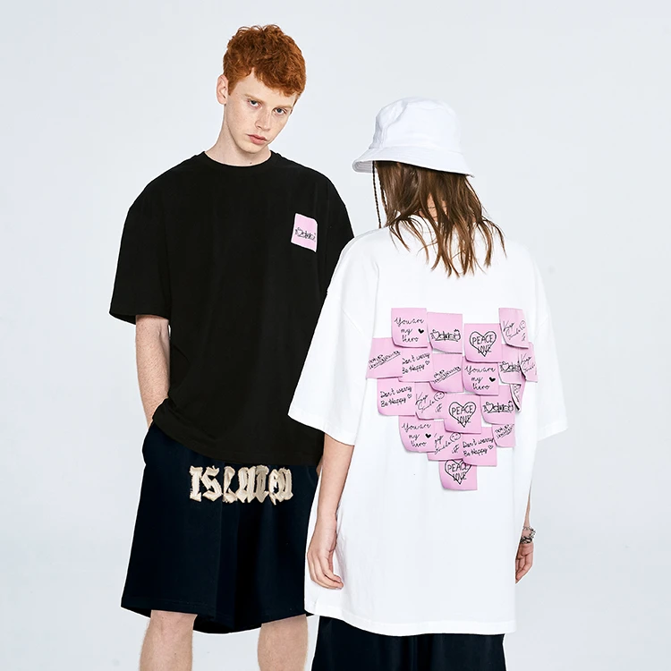 iSaluteU爱心便利贴织标T恤情侣装夏季纯棉男女同款情侣短袖
