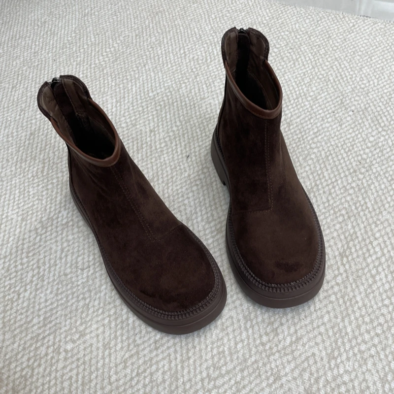 2024新款秋冬羊皮反绒厚底切尔西靴女百搭单靴圆头粗跟真皮短靴