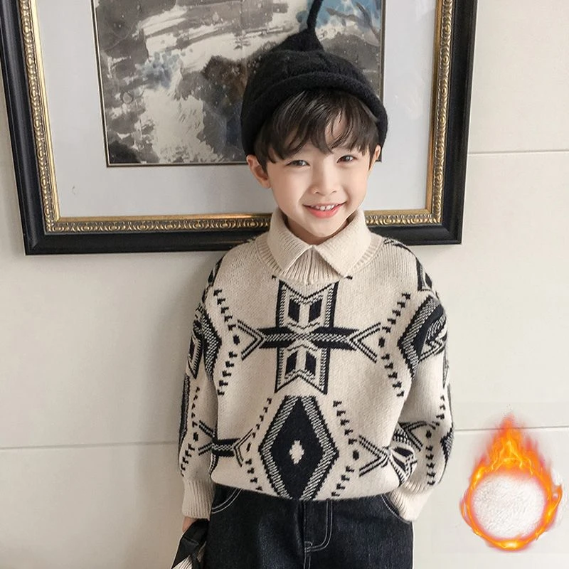男童加绒加厚毛衣2023冬装新款保暖时尚帅气宝宝套头儿童针织衫潮