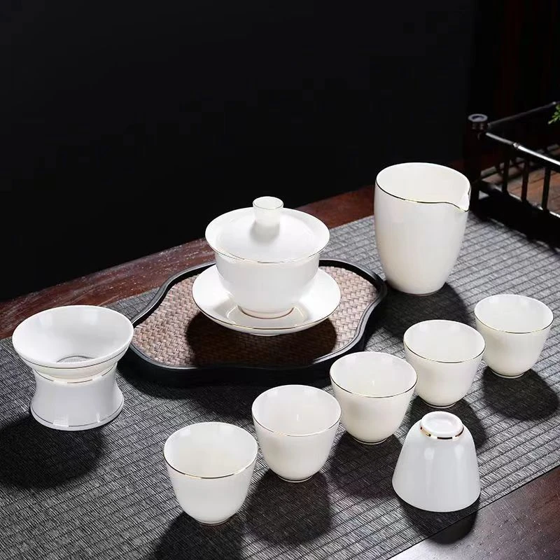 中式新款描金边羊脂玉瓷茶具礼盒功夫旅行便携懒人茶具茶杯陶瓷