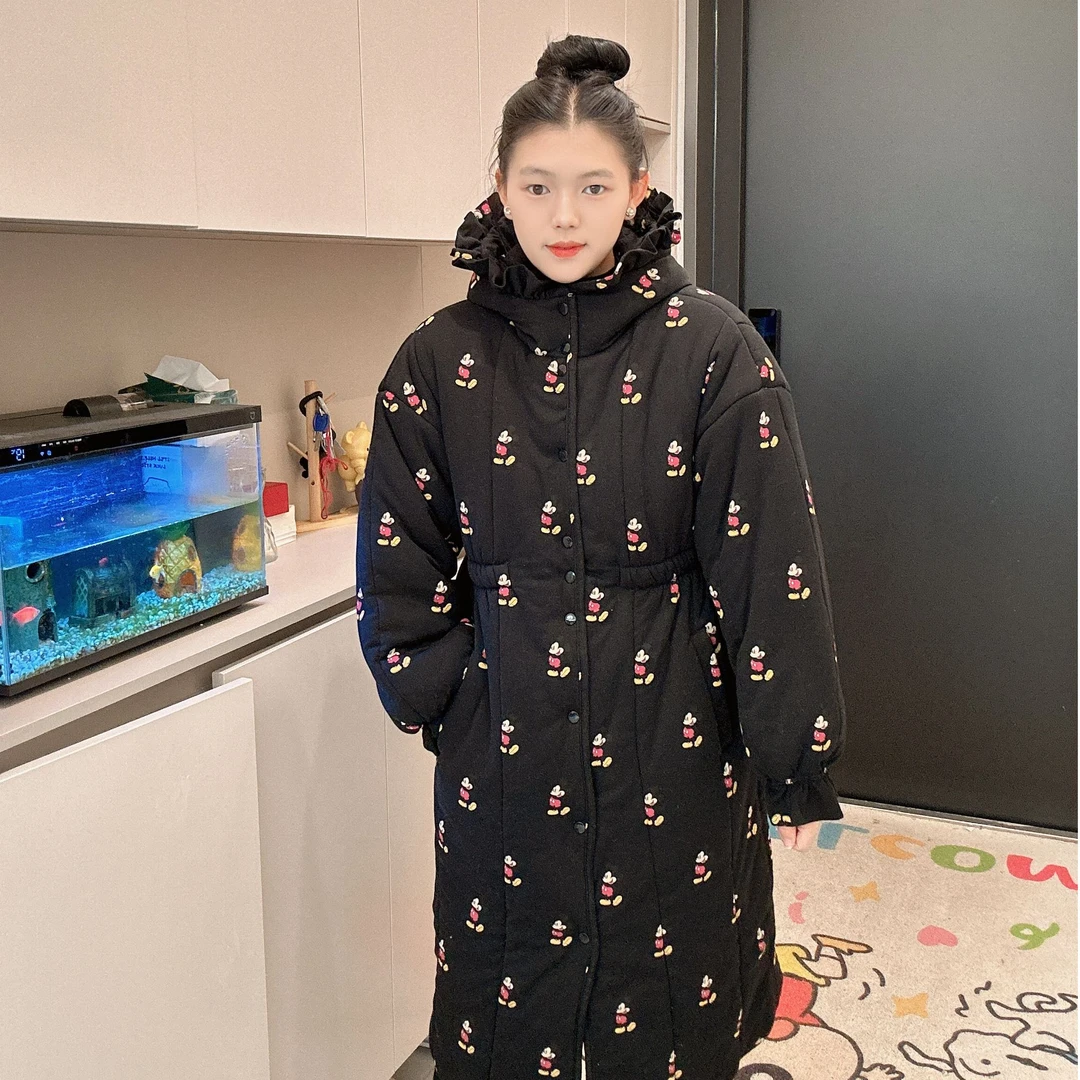 【黑底米奇大长款】收腰花边帽新疆棉花衣宽松家居服女保暖棉衣棉服