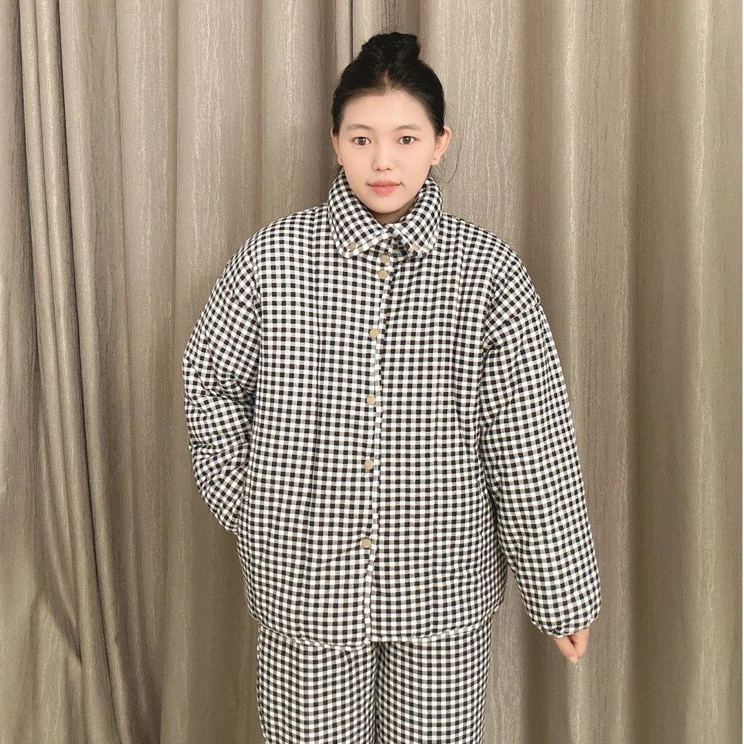 三七新疆棉花【黑白格】立领套装宽松两件套家居服厚棉衣棉服女棉袄