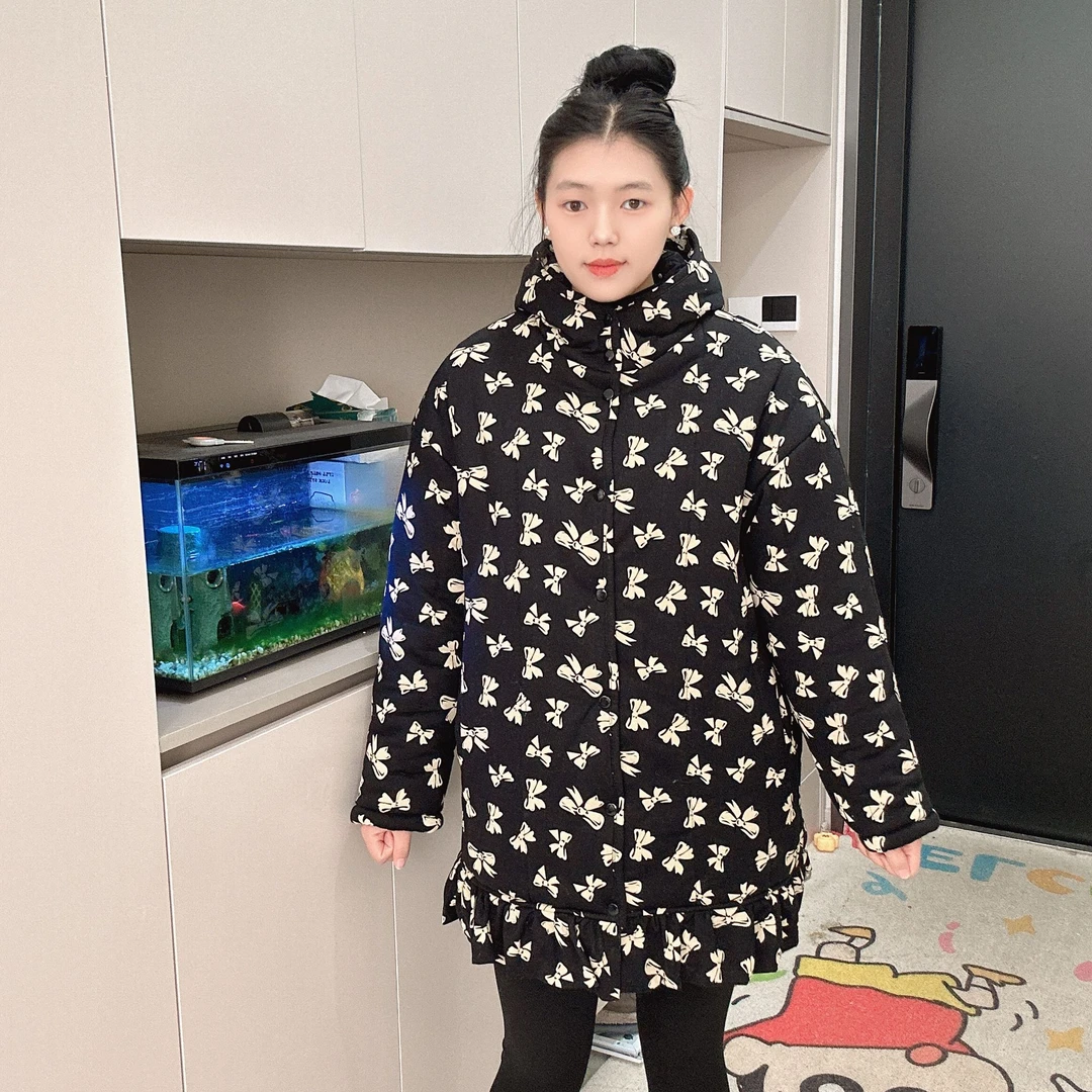 新疆棉花衣【黑金蝴蝶结裙摆】连帽裙摆中长款保暖宽松家居服棉花衣