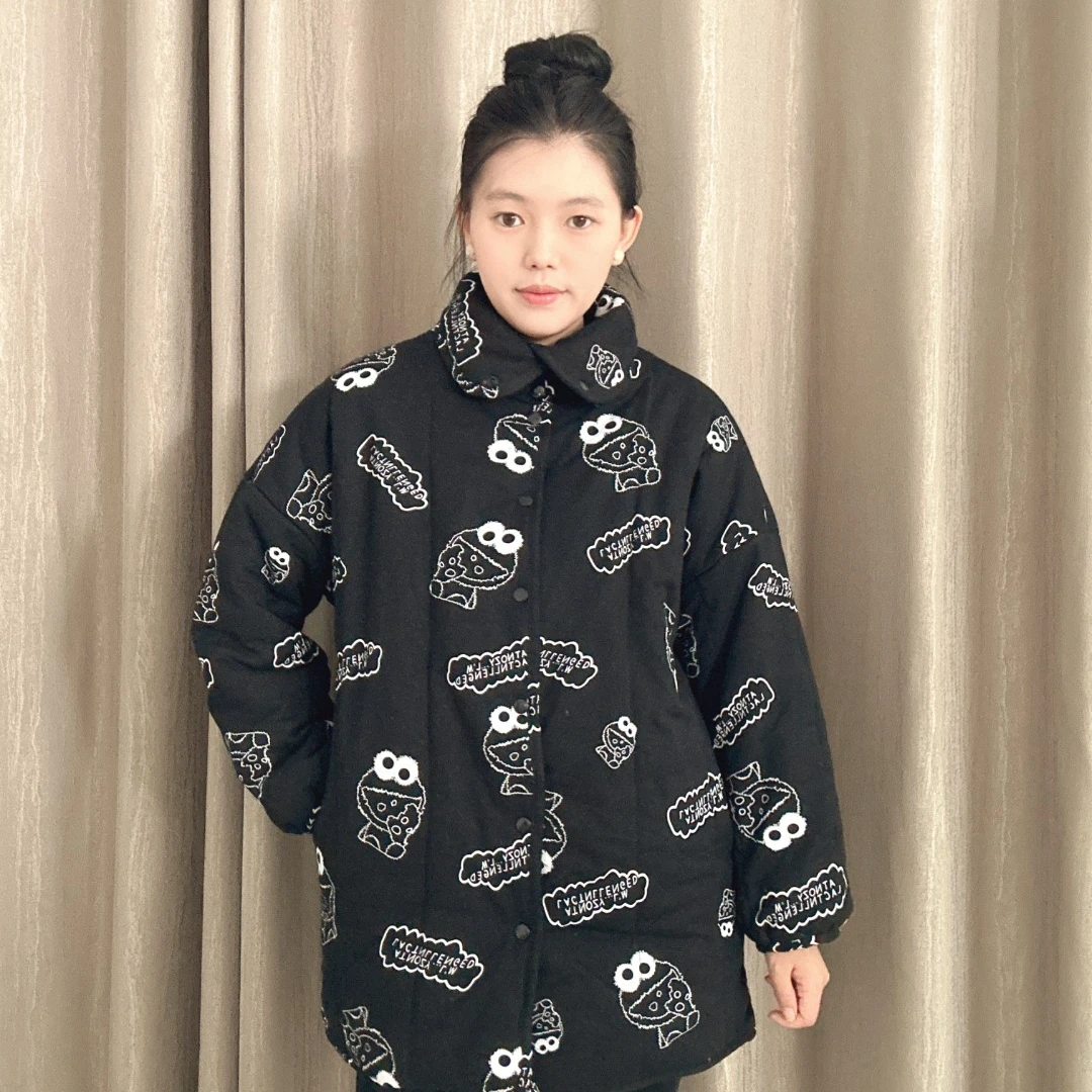 SQ新疆棉花【大眼蛙】立领直筒中长款宽松家居服女保暖棉衣棉服