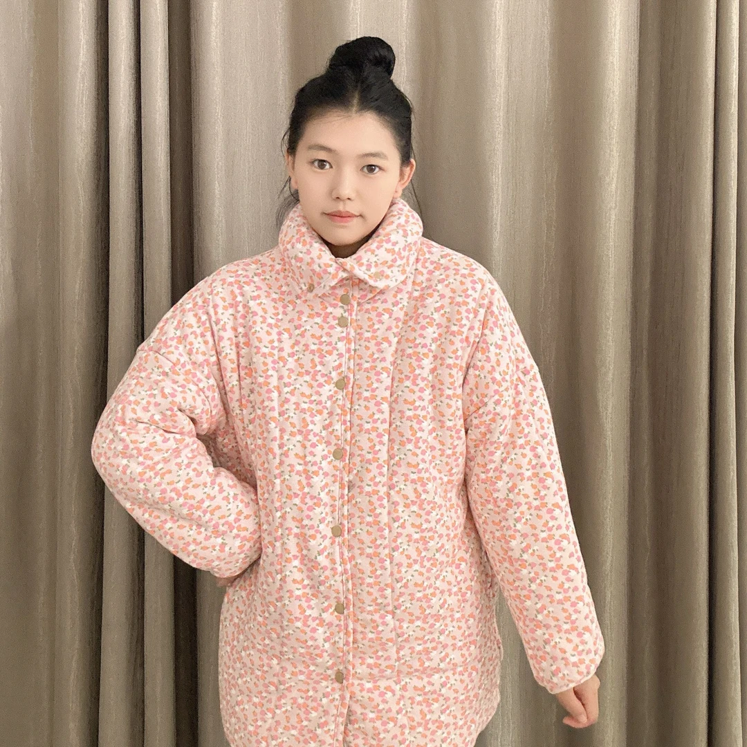 三七新疆棉花【佩拉小姐】立领中长宽松家居服保暖棉衣棉服