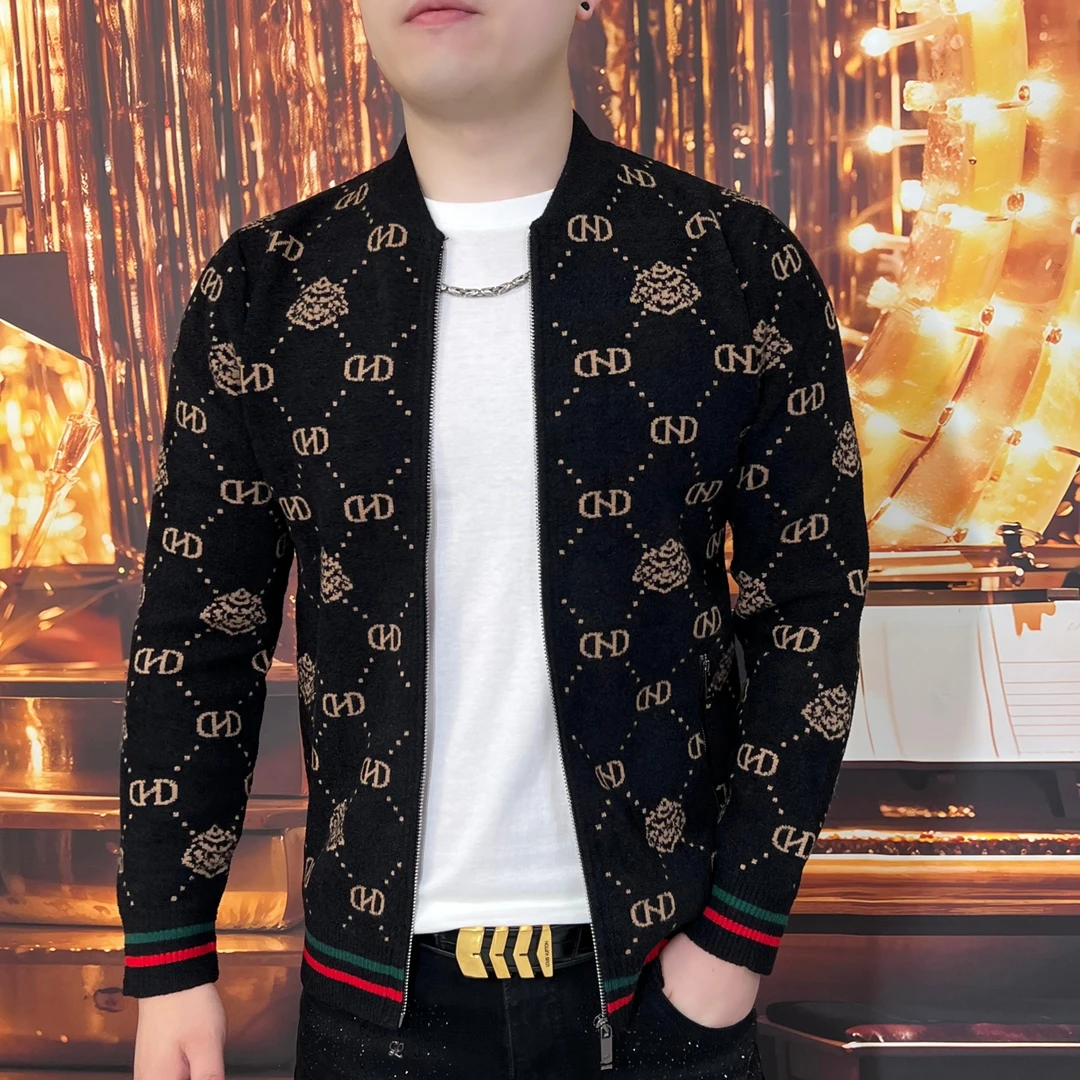 休闲男外套拉链针织男士时尚百搭春秋季潮流修身印花帅气棒球领