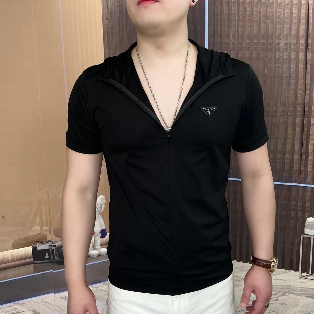 男装百搭夏季休闲半拉连帽衫短袖卫衣弹力男士轻奢时尚半袖Z1