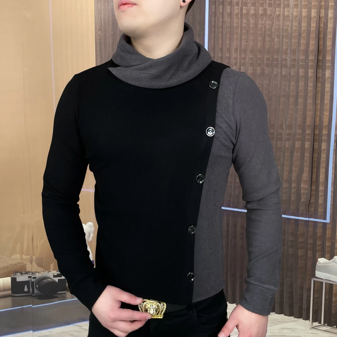 新品拼色乱领斜扣加绒冬季保暖男士T休闲百搭长袖潮流时尚打底衫