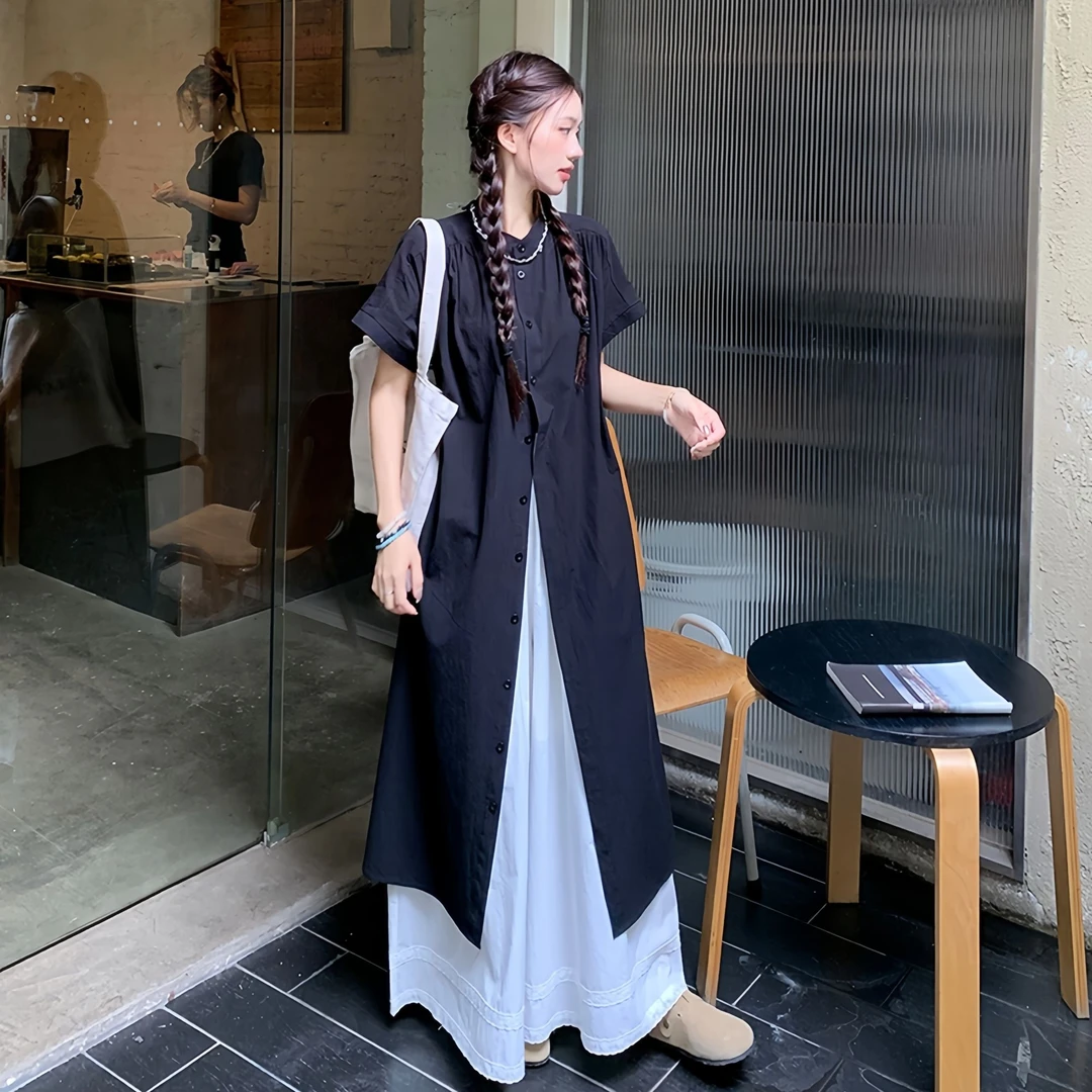 时尚新款2024套装女黑色叠穿长款衬衫夏季蕾丝边阔腿休闲裤两件套