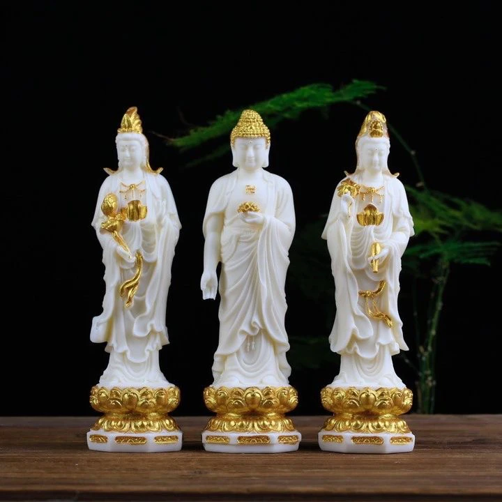 象牙果雕刻客厅神像桌面摆件木雕佛像观音菩萨西方三圣佛工艺描金