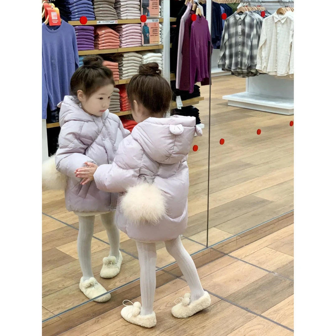 韩国童装女童冬季棉服加厚棉服连帽立体耳朵长款仙芋紫保暖外套