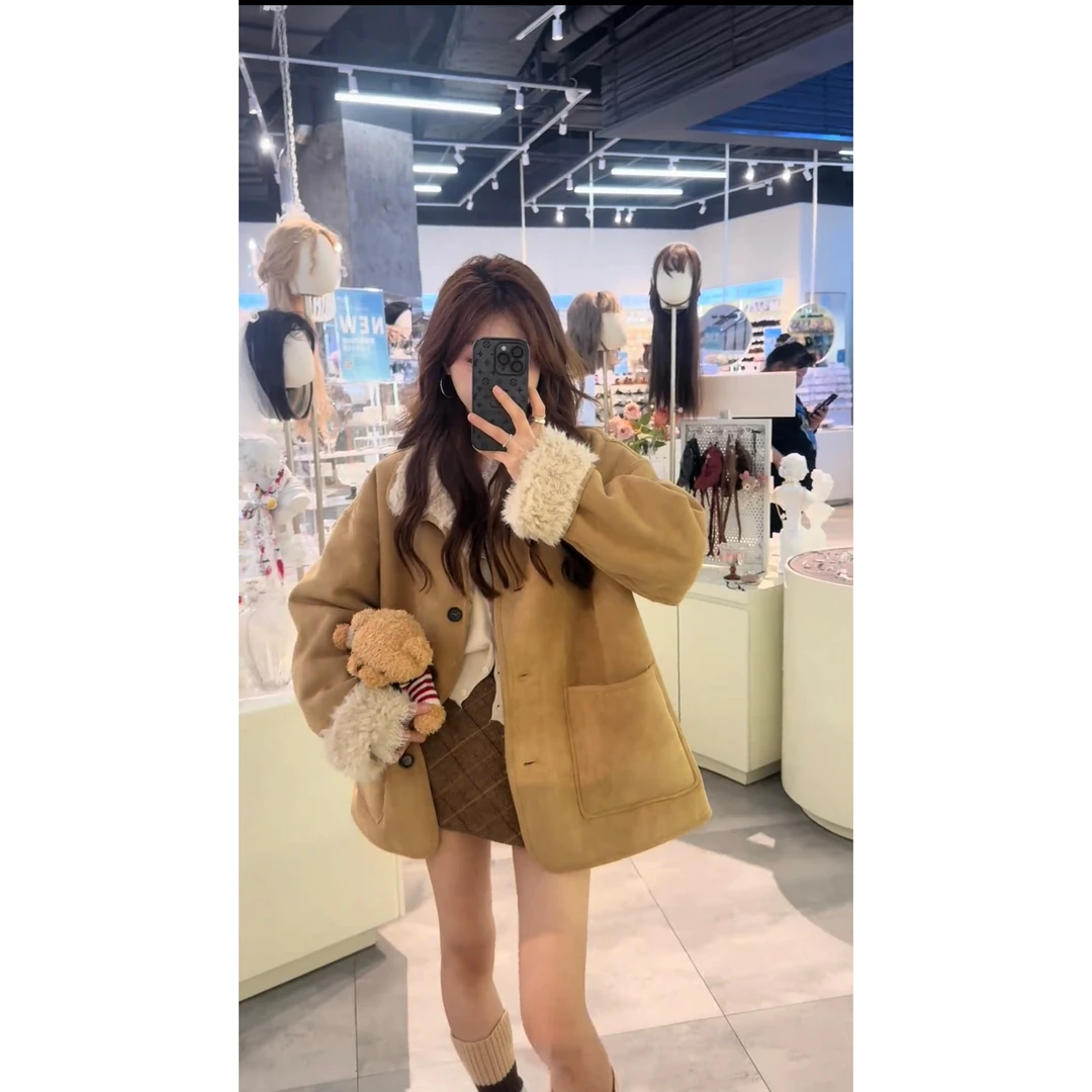 两穿皮毛一体毛毛外套女秋冬宽松机车服慵懒上衣设计感