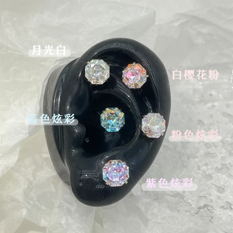 钛钢仿水晶耳饰 钛钢爆闪千禧玫瑰华子钻耳骨钉大只耳蜗钉玫瑰切