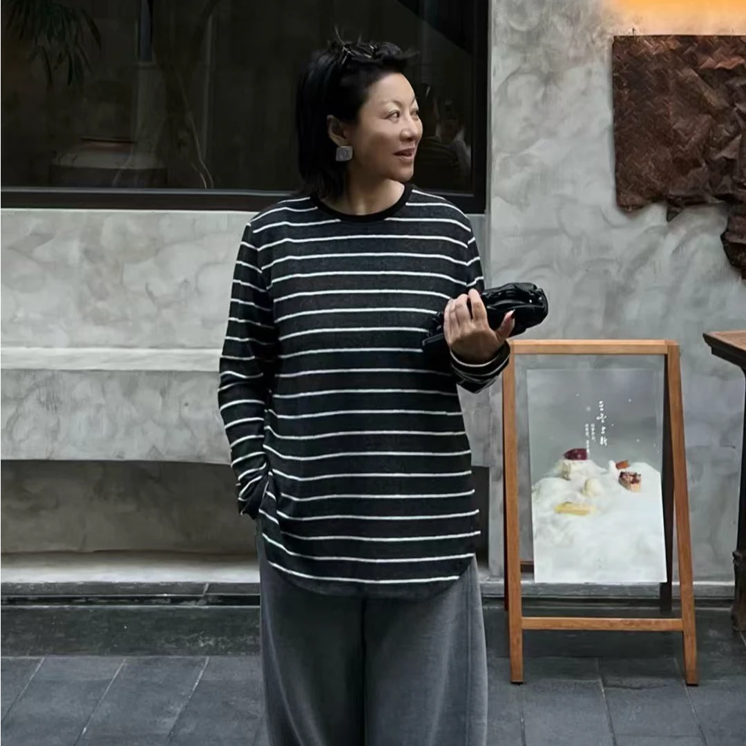 Fen姐|【塞纳湖畔】重工婴儿绒宽松慵懒百搭圆领条纹长袖上衣436880