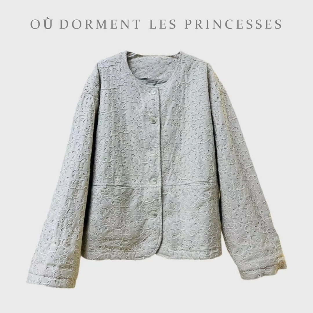 Fen姐|【无声荒岛】重工立体刺绣工艺亚麻棉混纺气质圆领上衣23763