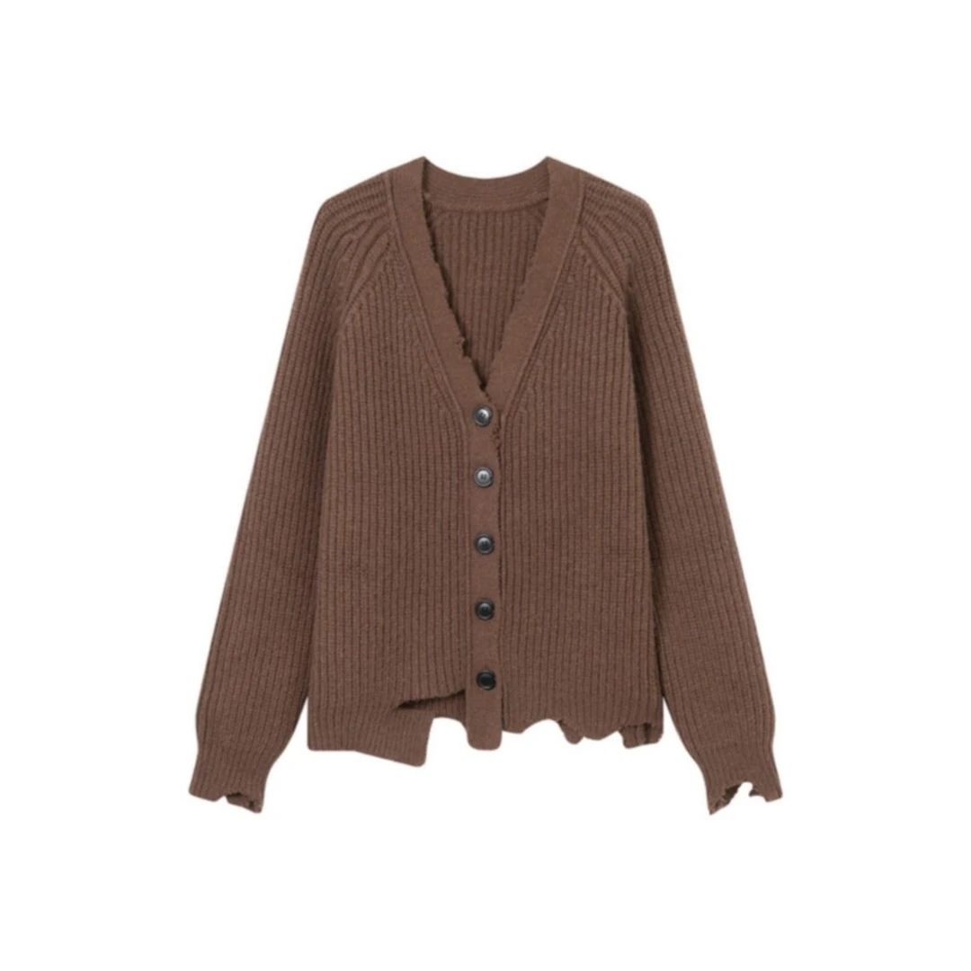 ITIB2024新款×设计师联名款时尚纯色V领毛边针织开衫宽松毛衣外套