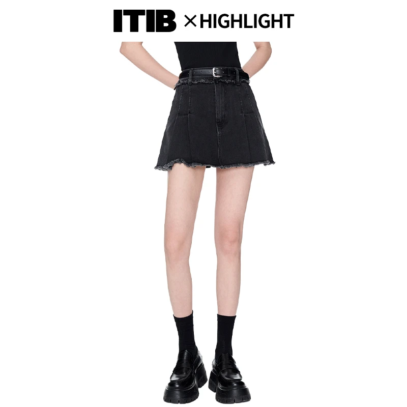 ITIB新款显瘦半身裙女装短款夏季设计师联名款皮标拉毛时尚百褶裙