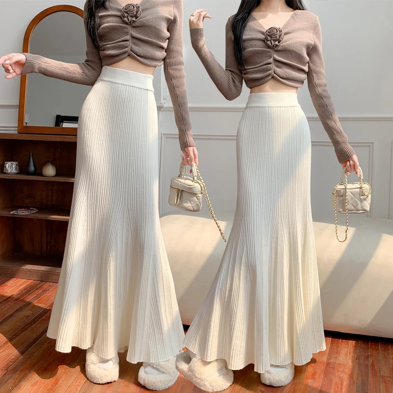 【冲量价】秋冬季针织中长款白色半身裙女高腰遮胯显瘦包臀a字鱼裙