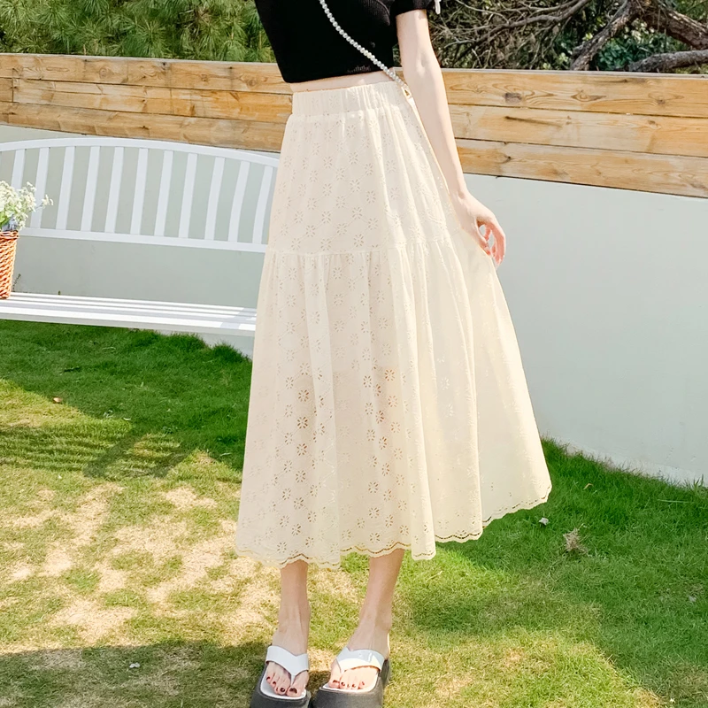 春夏季显瘦半身裙2025韩版百搭伞裙拼接镂空鱼尾裙中长裙A字裙子