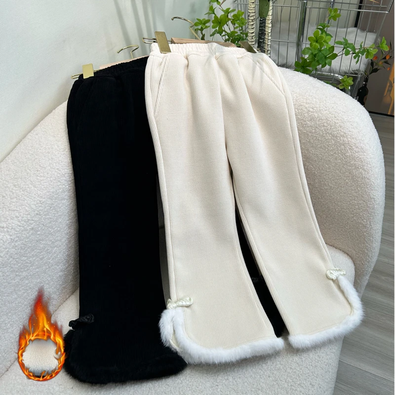 女童新中式裤子冬装2024新款女孩一条过冬加绒裤暖绒喇叭裤潮