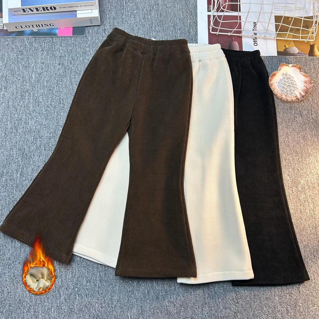 女童加绒裤子2024秋冬儿童洋气喇叭裤宝宝加厚欧意绒长裤潮外穿