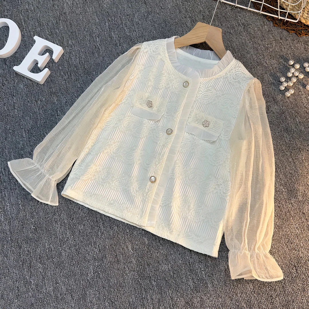 女童春装雪纺娃娃衫春秋新款大儿童小衫纯色蕾丝衬衫长袖衬衣