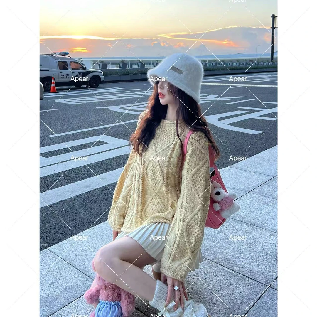 Apear♥糖渍青梨~韩系百搭宽松慵懒麻花卷边设计圆领套头毛衣