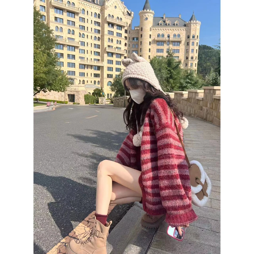 APear♥北岛花期~休闲宽松混色粗线针织毛衣开衫