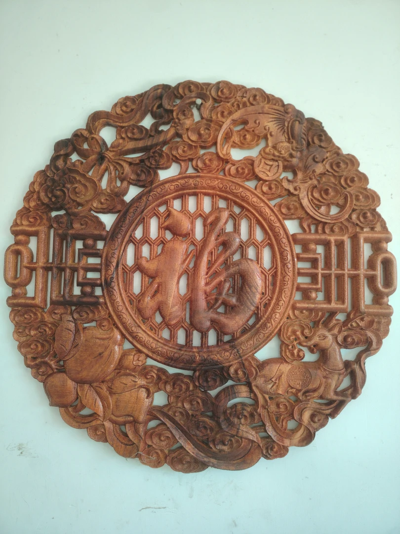 福禄寿喜香樟木实木雕刻挂件木雕直径48cm