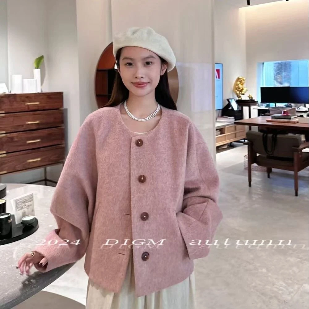 2024女神节新款韩系无领简约温柔气质小个子毛呢外套