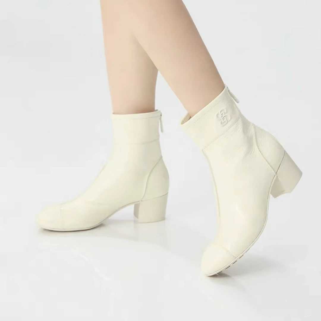 新款牛皮小香风高跟复古短靴女靴AX15216